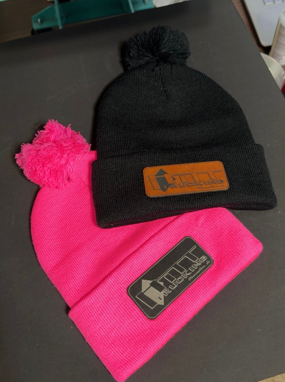 Hitt Trucking Beanie with Puff Ball | Leather Patch